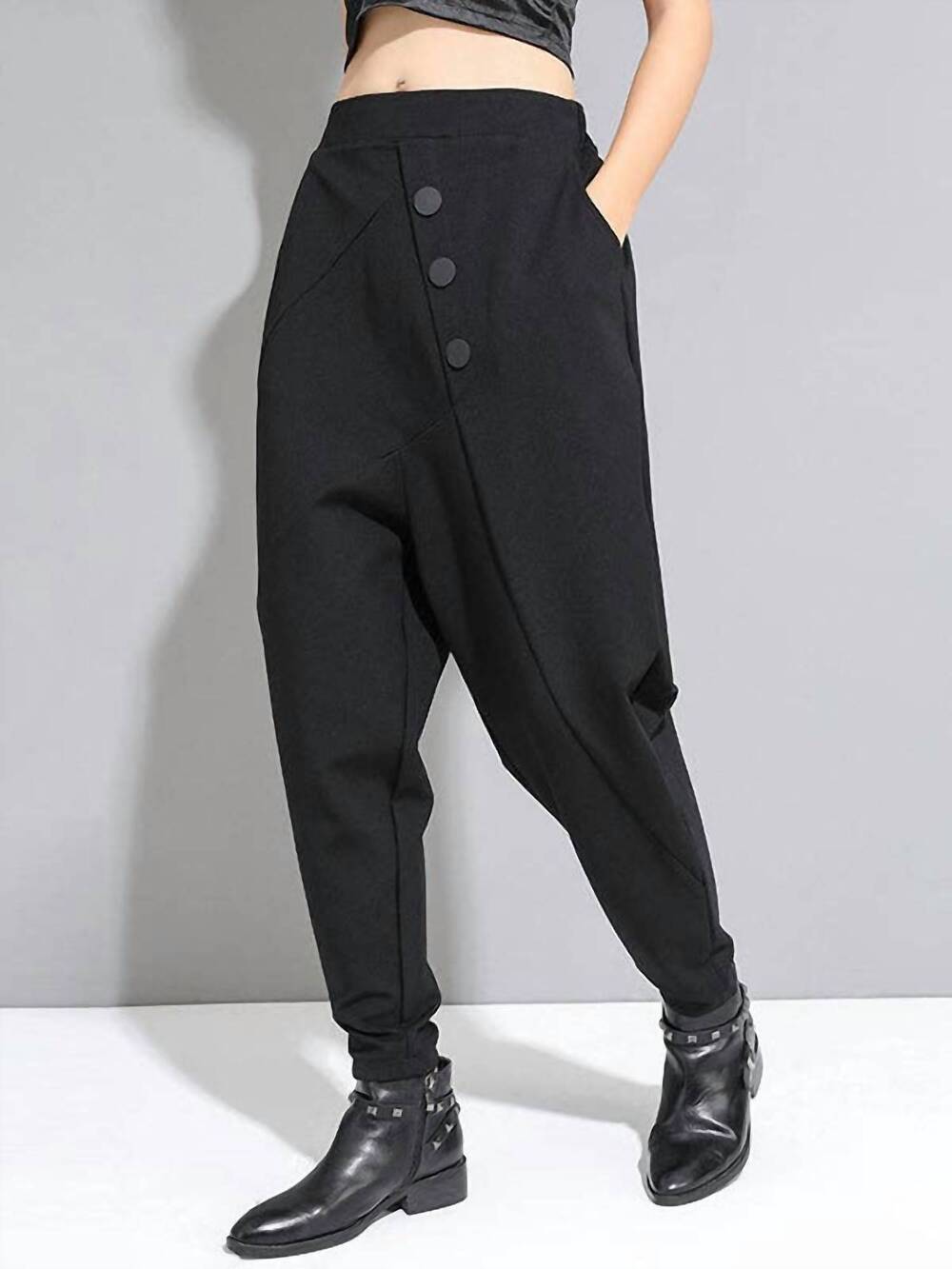 NEW VIVIDLUX personality with button high-waist harem pants in black